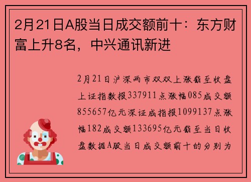2月21日A股当日成交额前十：东方财富上升8名，中兴通讯新进