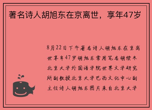 著名诗人胡旭东在京离世，享年47岁