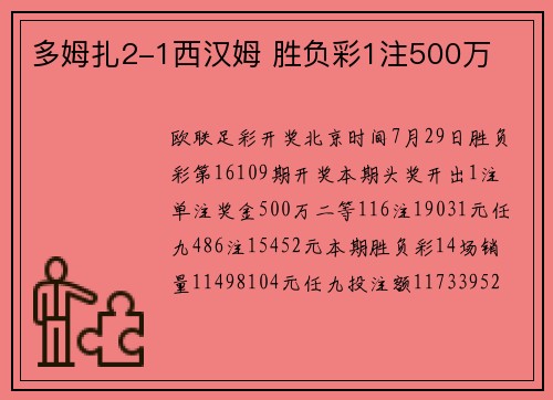 多姆扎2-1西汉姆 胜负彩1注500万