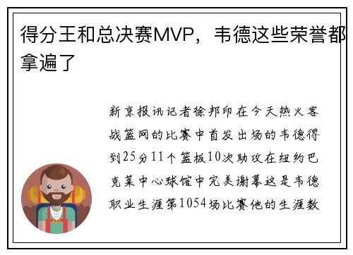 得分王和总决赛MVP，韦德这些荣誉都拿遍了