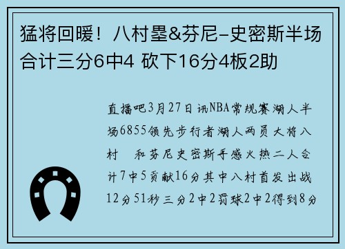 猛将回暖！八村塁&芬尼-史密斯半场合计三分6中4 砍下16分4板2助