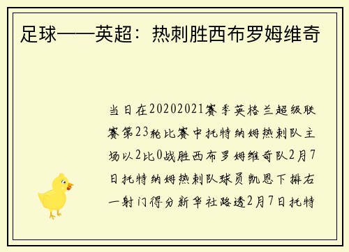 足球——英超：热刺胜西布罗姆维奇